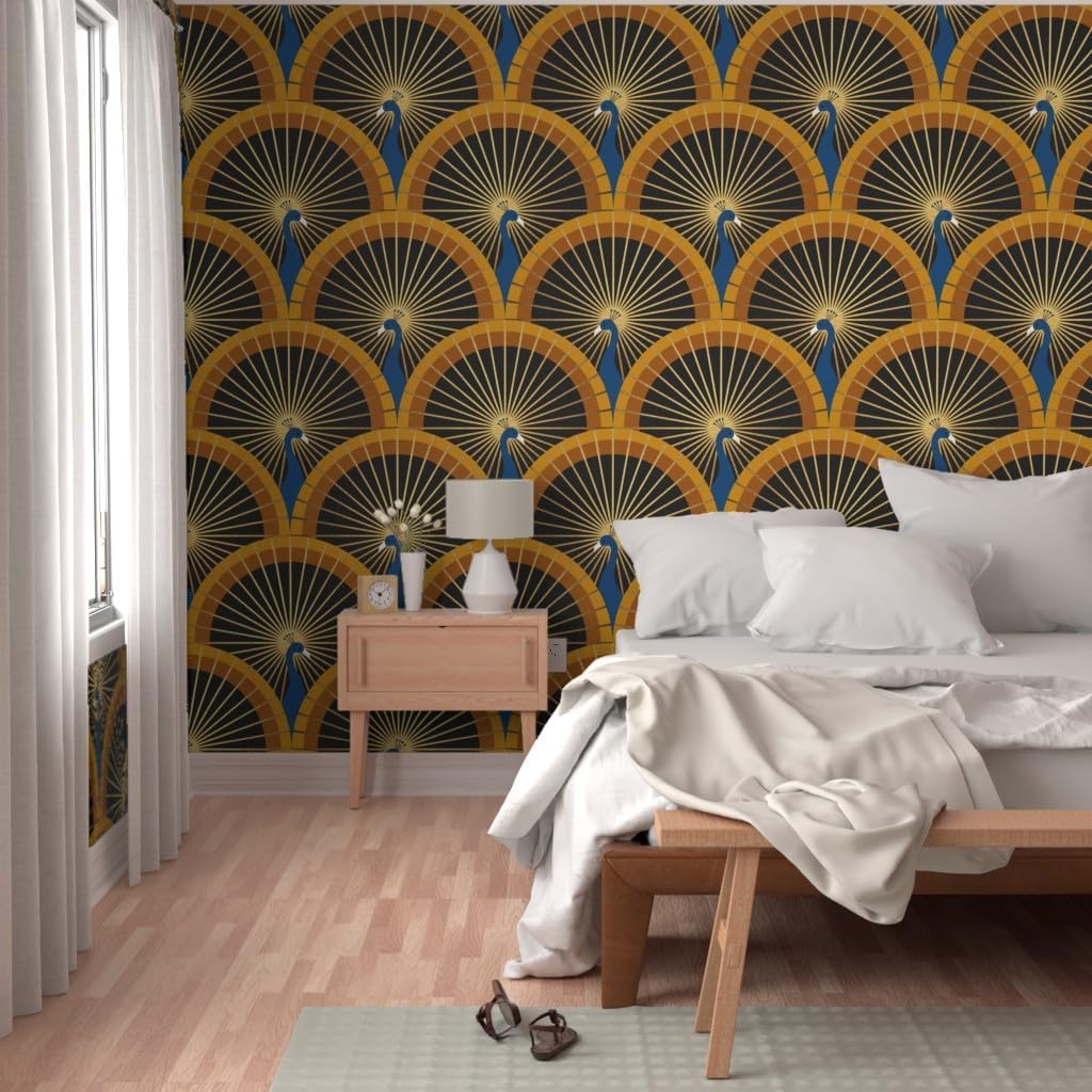 Spoonflower Removable Wallpaper 6ft x 2ft - Bird Green Blue Gold Art Deco Peacocks Custom Pre-Pasted Wallpaper