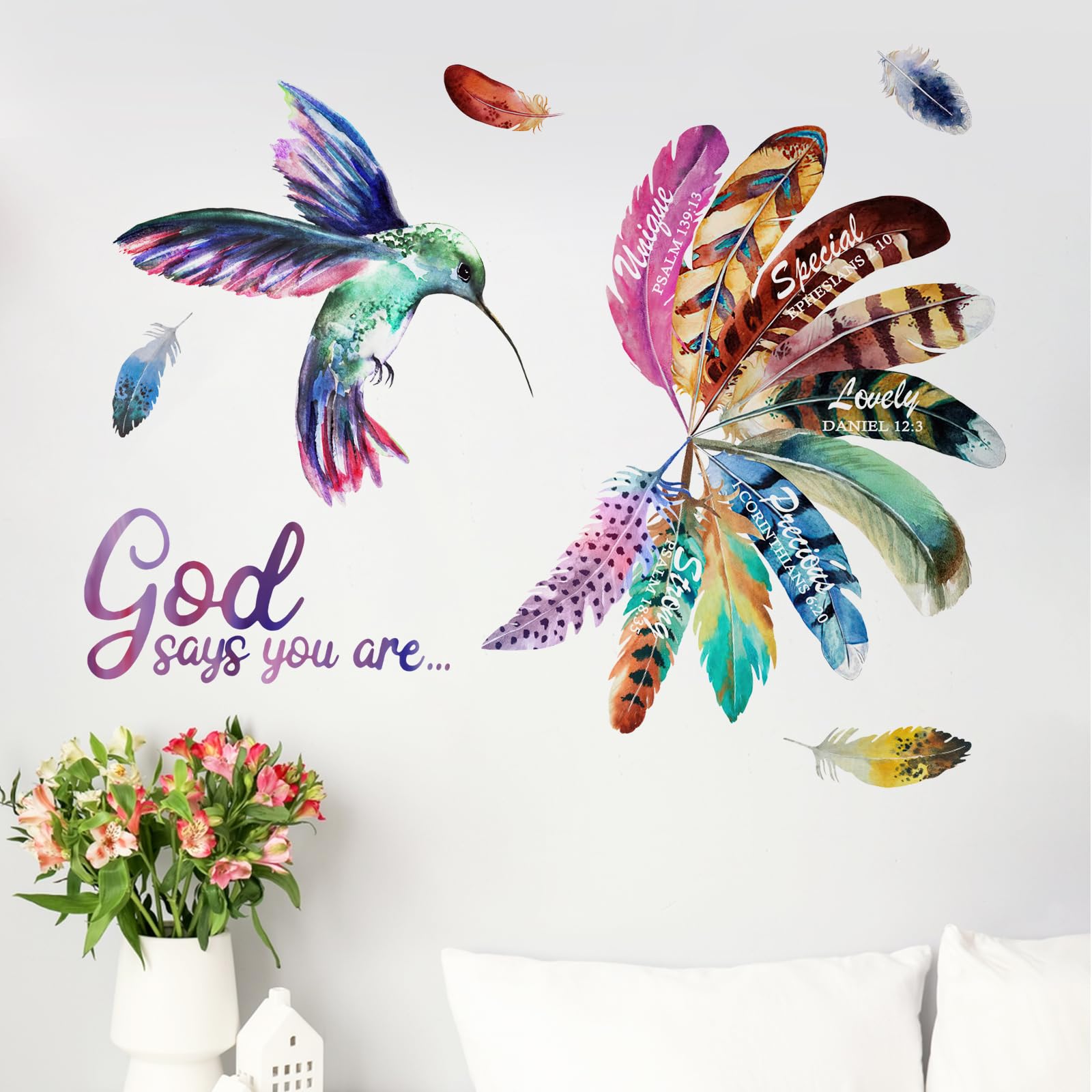 Autocollants muraux plumes de colibri et citations motivantes pour chambre (505 pièces)