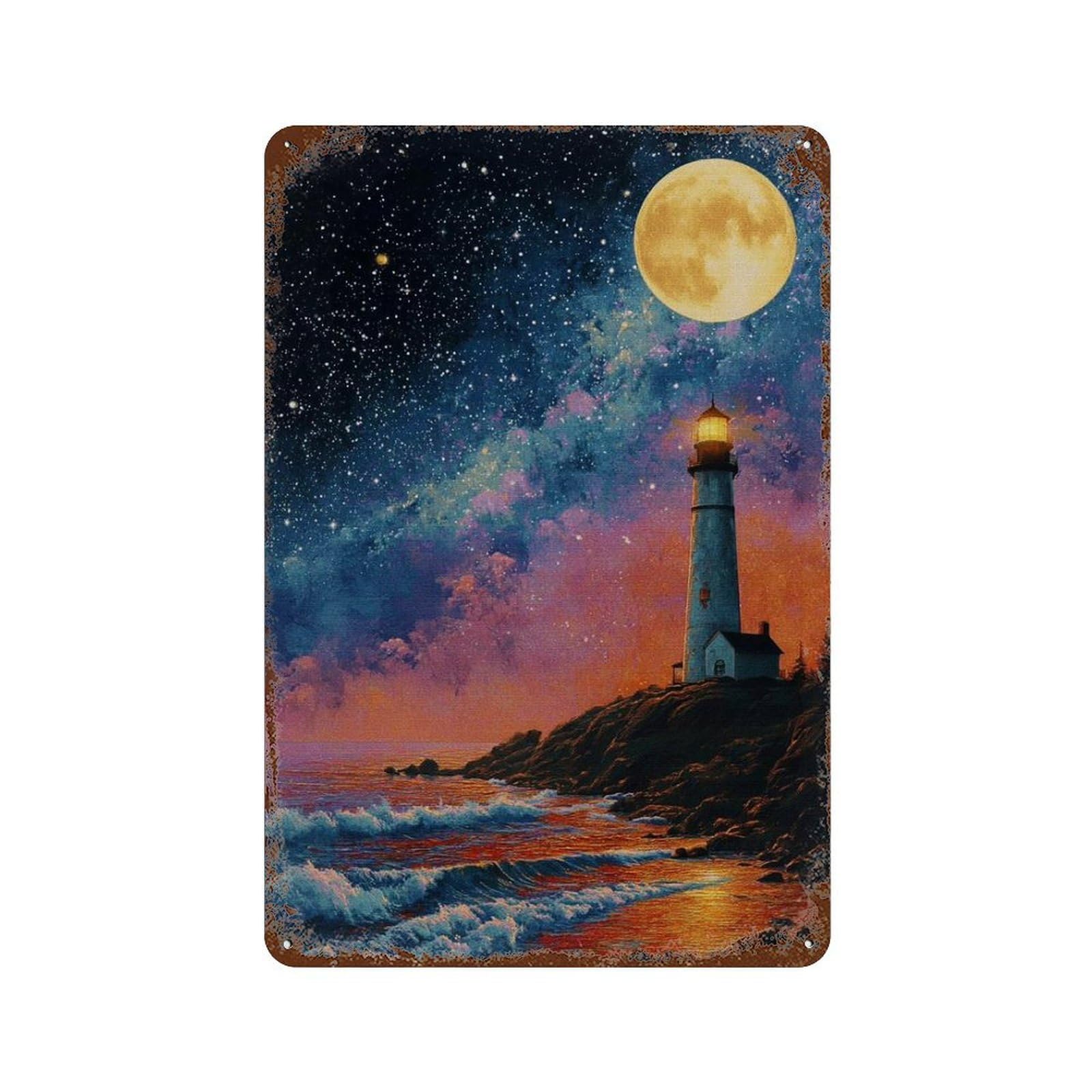 Weathered Tin Sign Moonlit Lighthouse Coastal Scene 11.8"x7.9", Rustic Home Decor for Basement, Hobby Room And Garage Decor