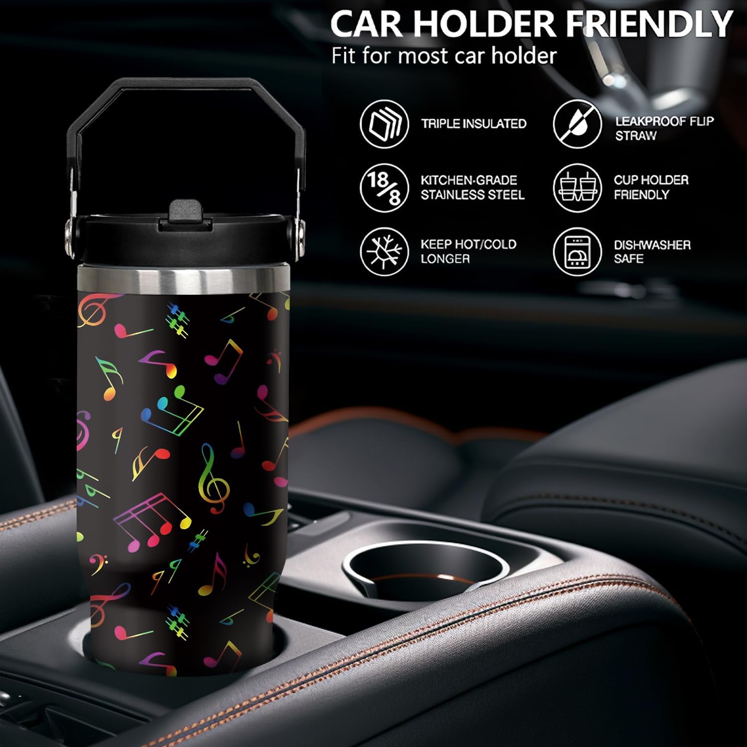 30oz Music Teacher Gifts Tumbler with Handle and Flip Straw for Women Men, Birthday Gift, Insulated Stainless Steel Cup with Lid, Reusable Travel Coffee Mug Water Bottle