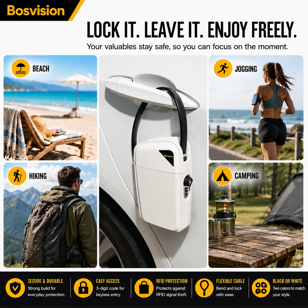 Bosvision cassaforte portatile, scatola chiave, scatola di sicurezza (lucchetto a combinazione e chiavi) con borsa Anti RIFD (borsa Faraday) per chiave auto senza contatto (keyless go)