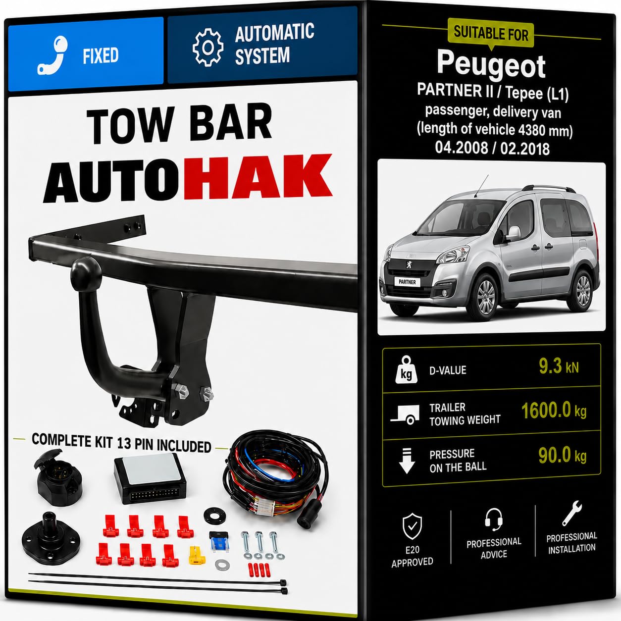 Enganche de Remolque Fijo para Peugeot Partner II/Tepee (L1) 2008-2018 | Kit Completo con Instalación Eléctrica de 13 Pines | Homologado E20 | Capacidad de Remolque 1600 kg | Ref. F31