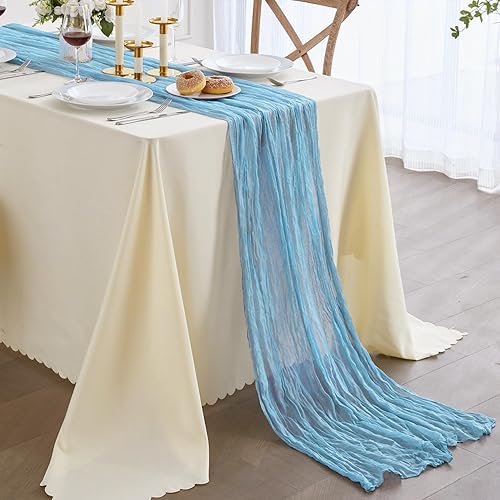 Nialnant Camino de mesa de estopilla azul bebé, camino de mesa bohemio de 13 pies para cocina, cena, fiesta de Año Nuevo azul, decoración de bodas,