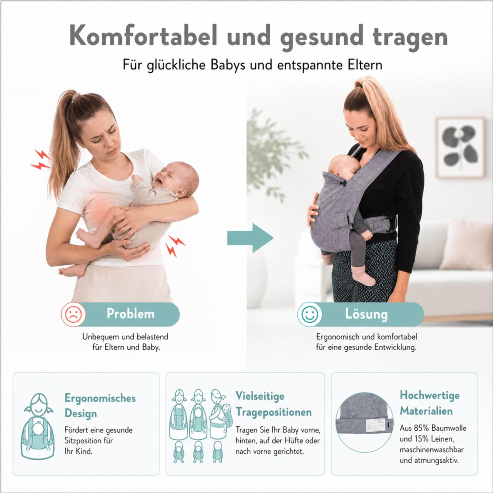 Fillikid Bauchtrage, ergonomische Babytrage | Inkl. Kopf- & Nackenstütze, Rückentrage für Säuglinge & Kleinkinder, 5-20kg