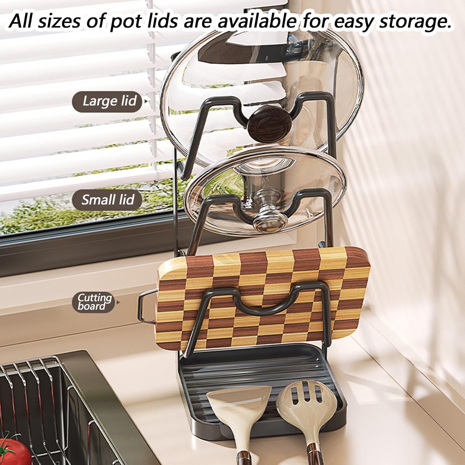 Pot Lid Storage - Multi-Layer Countertop Organizer Rack | Durable pot lid storage rack with multi-layer design for organizing pan covers, cutting boards, spatulas, and spoons. Compact