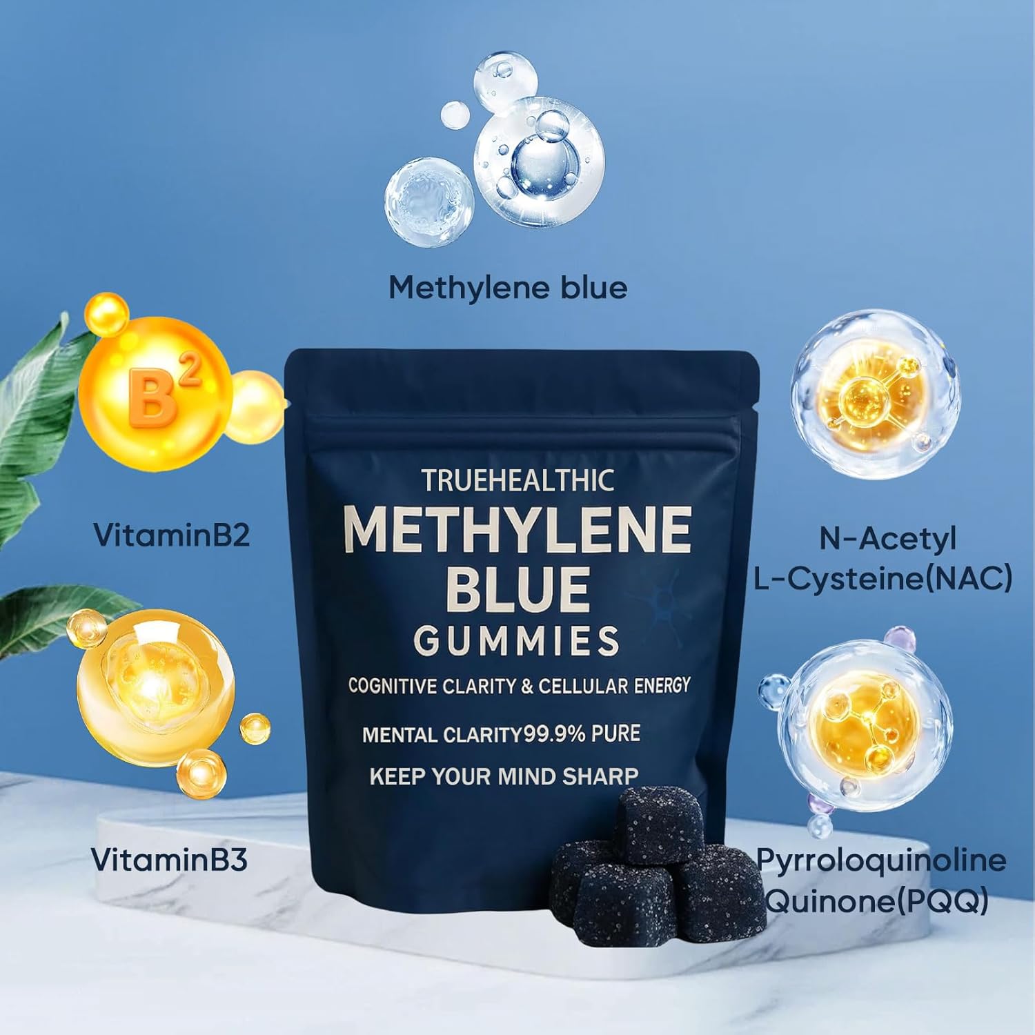 Methylene Blue Gummies, 5mg of Methylene Blue Per Gummy for Sustained Energy, Mental Clarity, Lifted Mood, Sharper Focus, 99.9% Pure, 30 Gummies Per Bag (1)