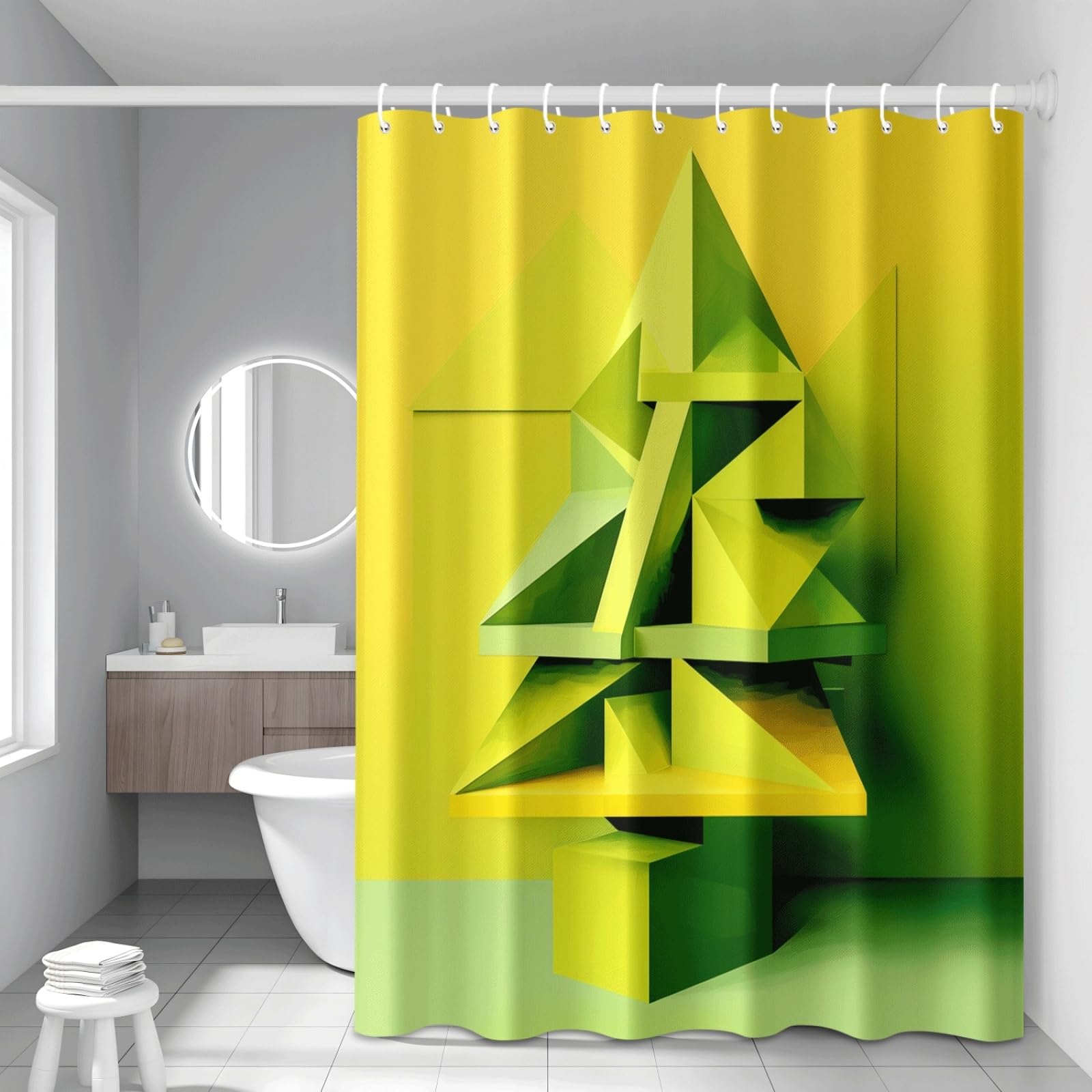 Tenda Doccia Geometrico Giallo Verde Tenda Doccia Antimuffa Impermeabile Poliestere Lavabile con 12 Ganci Facile da Installare Tende Finestra Bagno per Dormitorio Hotel(180x220cm)