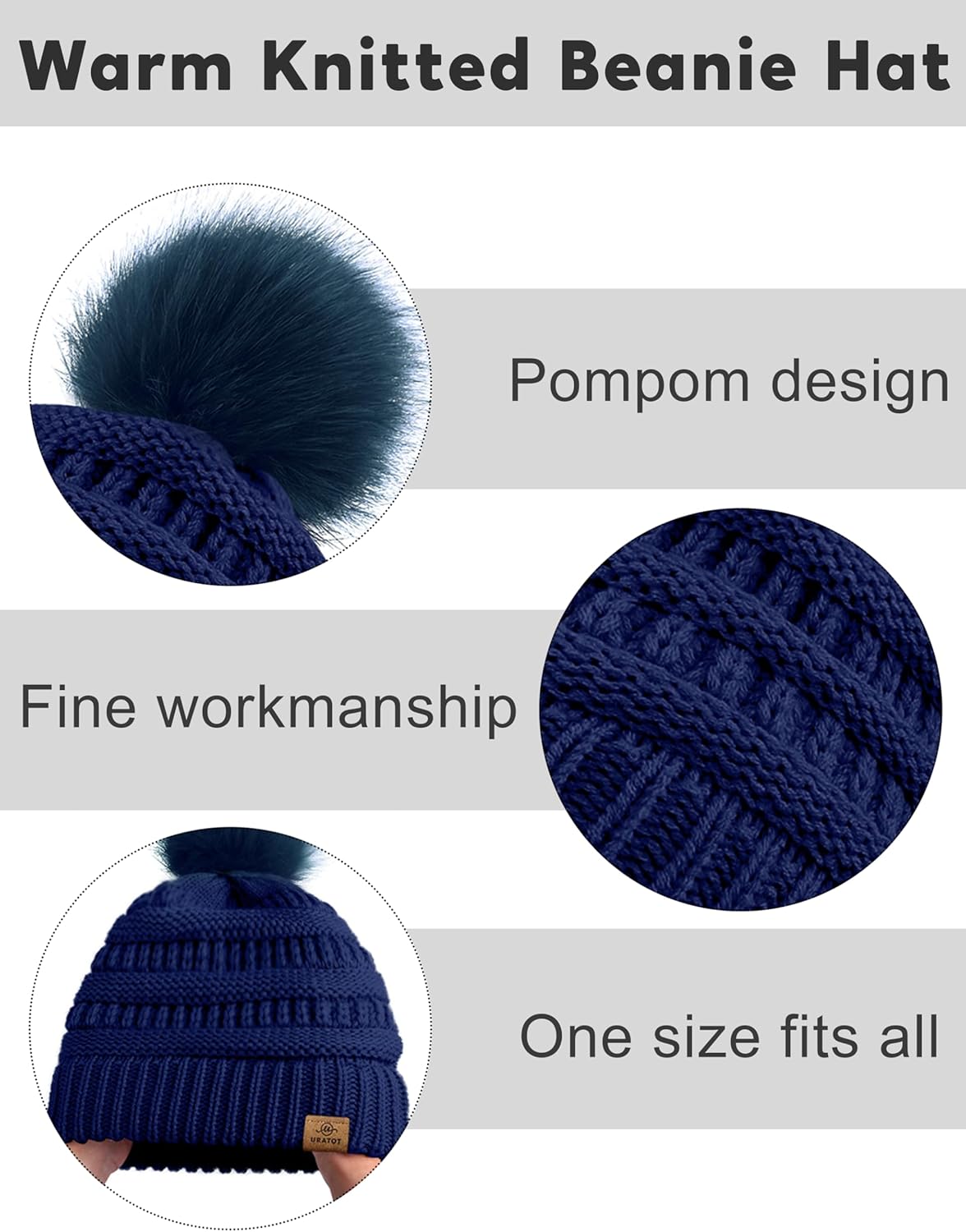 URATOT Winter Warm Knitted Sets Beanie Pompom Hat Scarves Winter Touchscreen Gloves Scarf Set for Men Women - Image 3