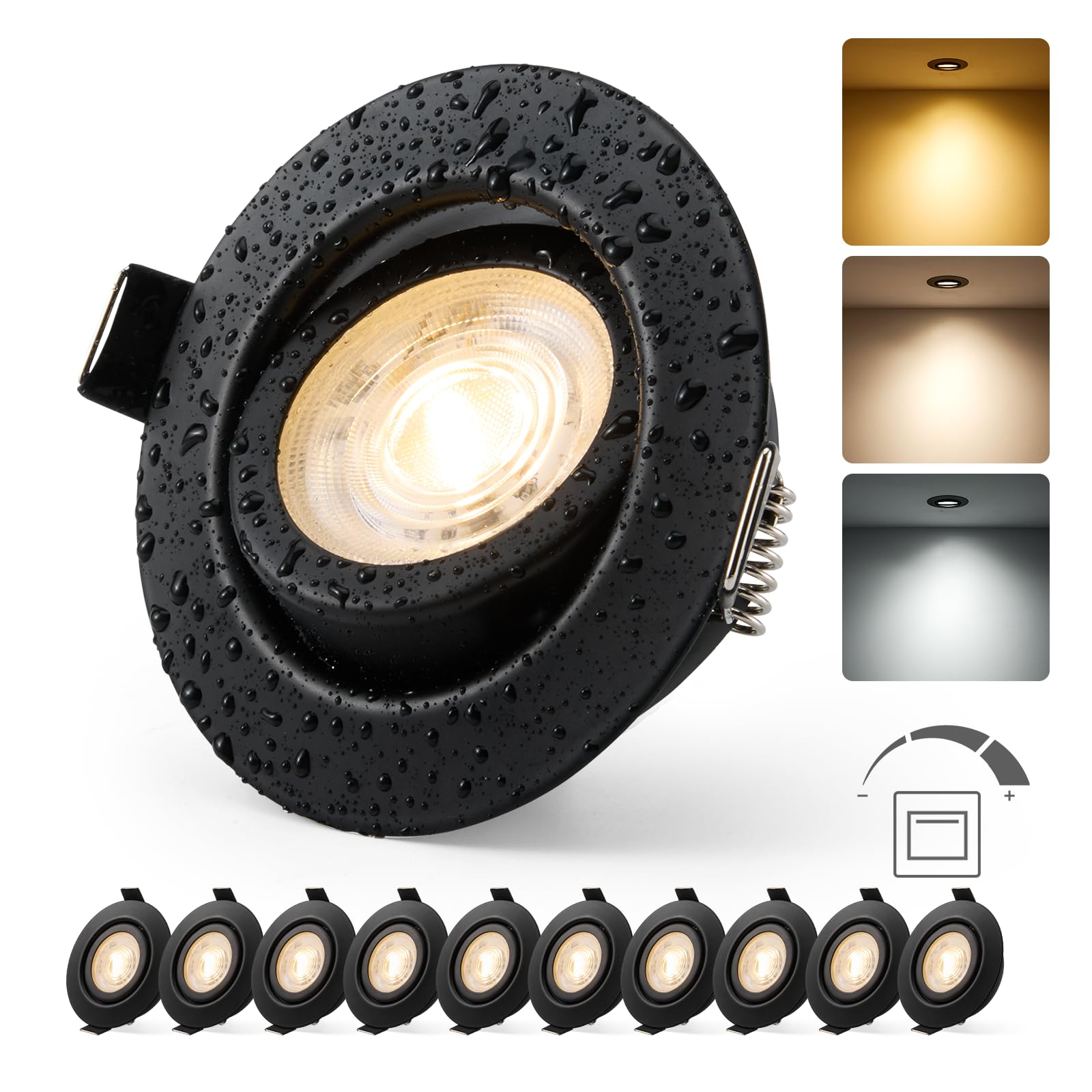 HOMEOW Faretti Led Soffitto da Incasso per Cartongesso Dimmerabile Luci 220V Nero Bagno 6W IP44, Faretto Foro Ø68mm - 80mm 600LM per Cucina, Luce Calda Naturale Fredda, Set di 10