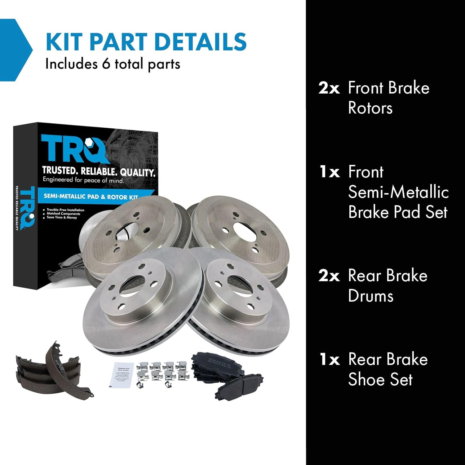 TRQ Front Rear Brake Pad Rotor Shoe Drum Kit Semi Metallic Compatible with 2007-2018 Toyota Yaris