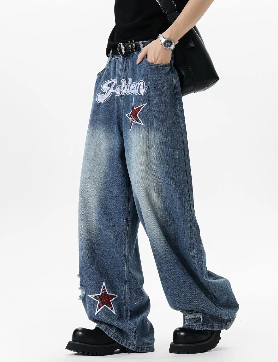 Women's Wide Leg Jeans Y2K Baggy Fit with Plaid Star Patch & Letter Embroidery, Vintage Washed Denim Pants