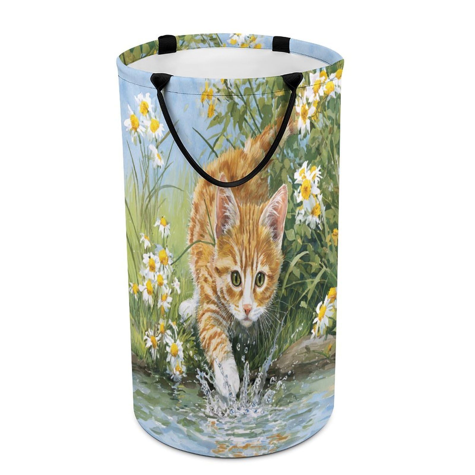 LUYYSKY Classic Rustic Cute Kitten Collapsible Dirty Clothes Basket, Modern Watercolor Botanical Daisies Floral Animal Cat Pattern Portable Clothes Storage Basket