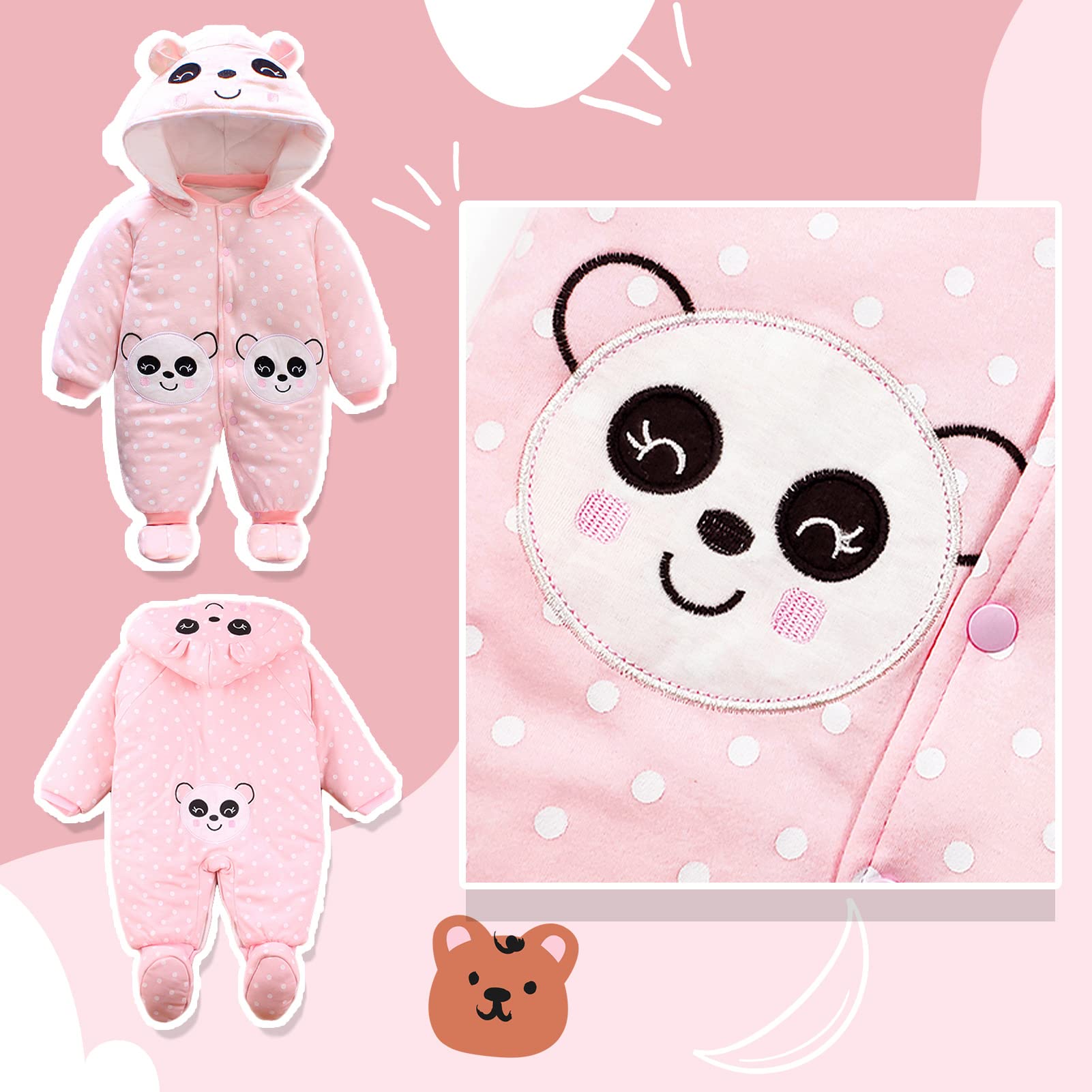 Bambino Ragazze Pagliaccetto con Cappuccio Scarpe Tute da neve Jumpsuit Inverno Caldo Tutine Set, Panda 6-9 Mesi