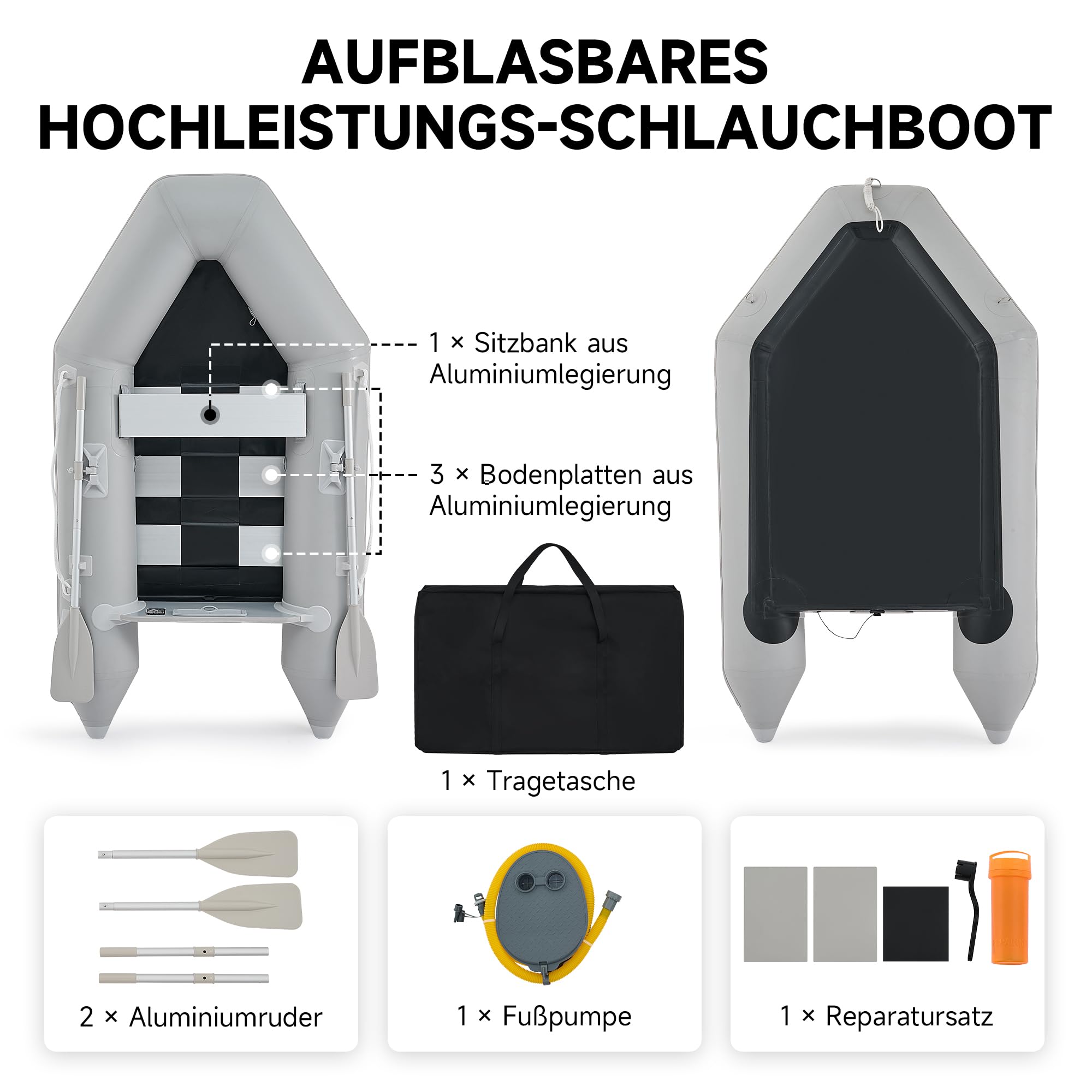 DARTMOOR Schlauchboot für Erwachsene 2 Personen Aufblasbares Boot mit 2 Paddel und Luftpumpe Grau Paddelboot Ruderboot Schlauchboot Angeln mit Sitzbank Aluboden
