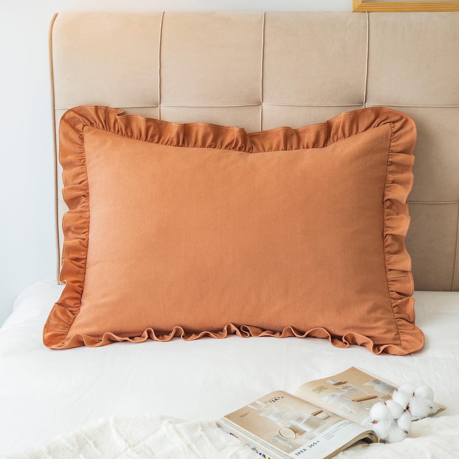 GLORY SEASON Pillow Shams Set of 2 Washed 100% Cotton Retro Ruffle Flounces Trim Solid Beige Decorative Pillow Cases for Home Bedroom Decor 20x36 Inch