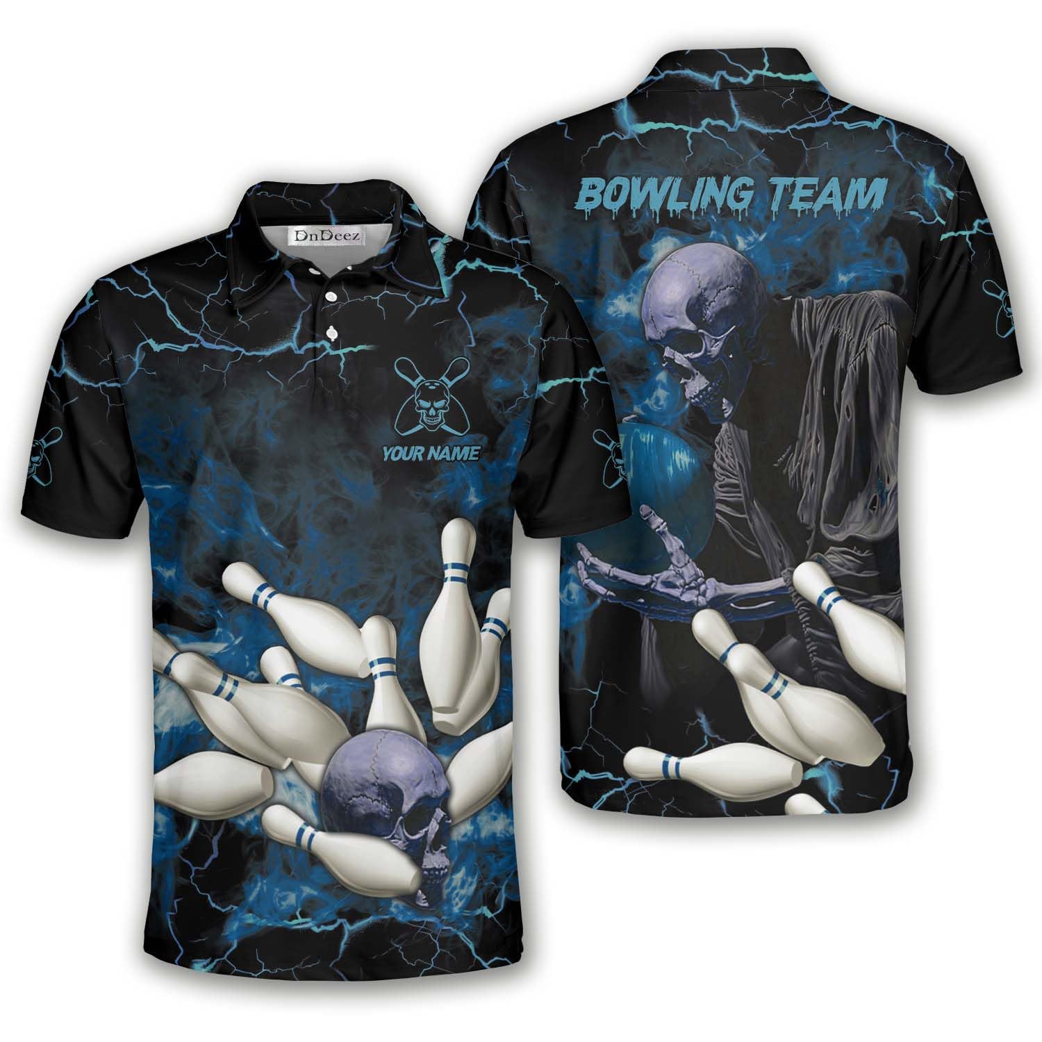 DnDeez Custom Bowling Shirts for Men, Skull Bowling Shirts Personalized Name 3, Small-5X-Large