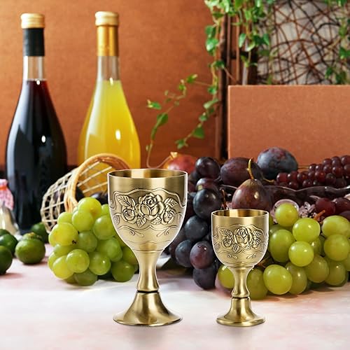 Miniatura 7 de DEAYOU Paquete de 2 mini copas de cáliz vintage, copa de comunión dorada en relieve de flores, apta para alimentos, resistente copa de vino de latón