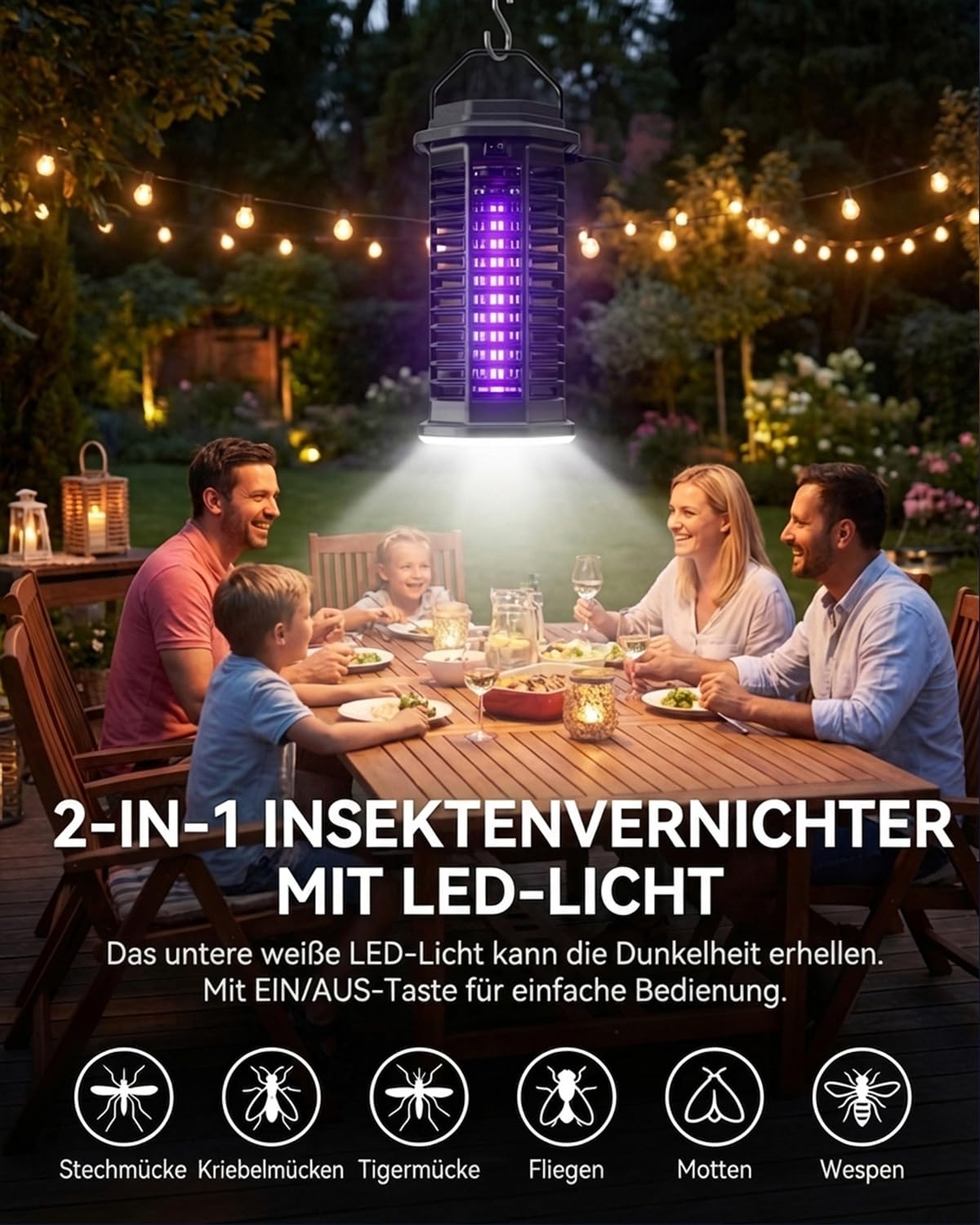 Elektrischer Insektenvernichter mit LED-Licht, 2-in-1 4200V 15W UV-Mückenlampe, Hochspannungs-Fliegenfalle, IPX4 wasserdichte, Mückenfalle für drinnen und draußen, gegen Mücken, Fliegen und Insekten