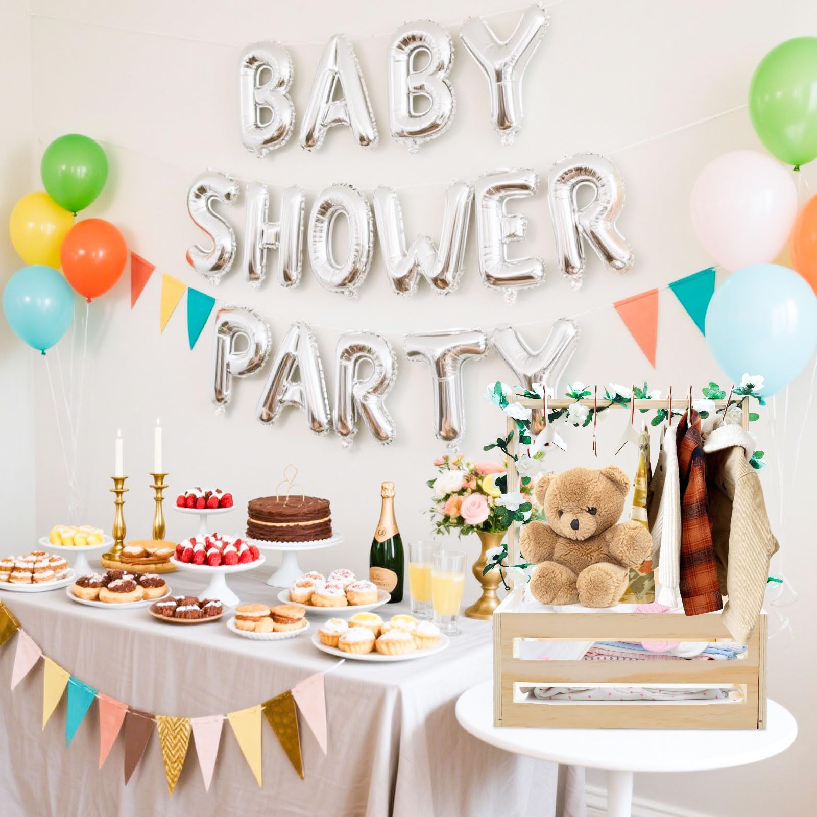 Holz Baby Geschenk Korb mit Griff, Kinder Kleiderbügel und Girlande, Holz Babyparty Schrank, Baby Aufbewahrungskorb,Personalisierte Baby Korb für Schwangere Neue Eltern(Holzfarbe)