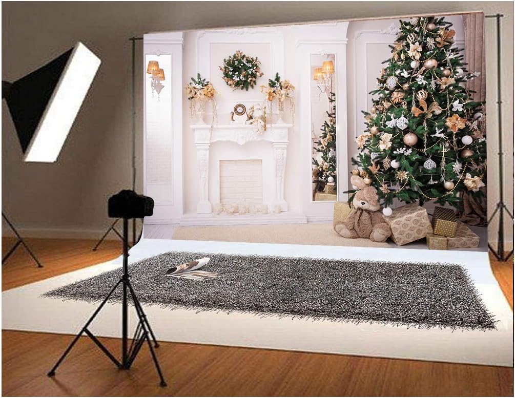 10x6.5 ft Green Christmas Tree Photo Backgrounds Wrinkle free White Fireplace Cute Rabbit Gift Photography Backdrops for Child