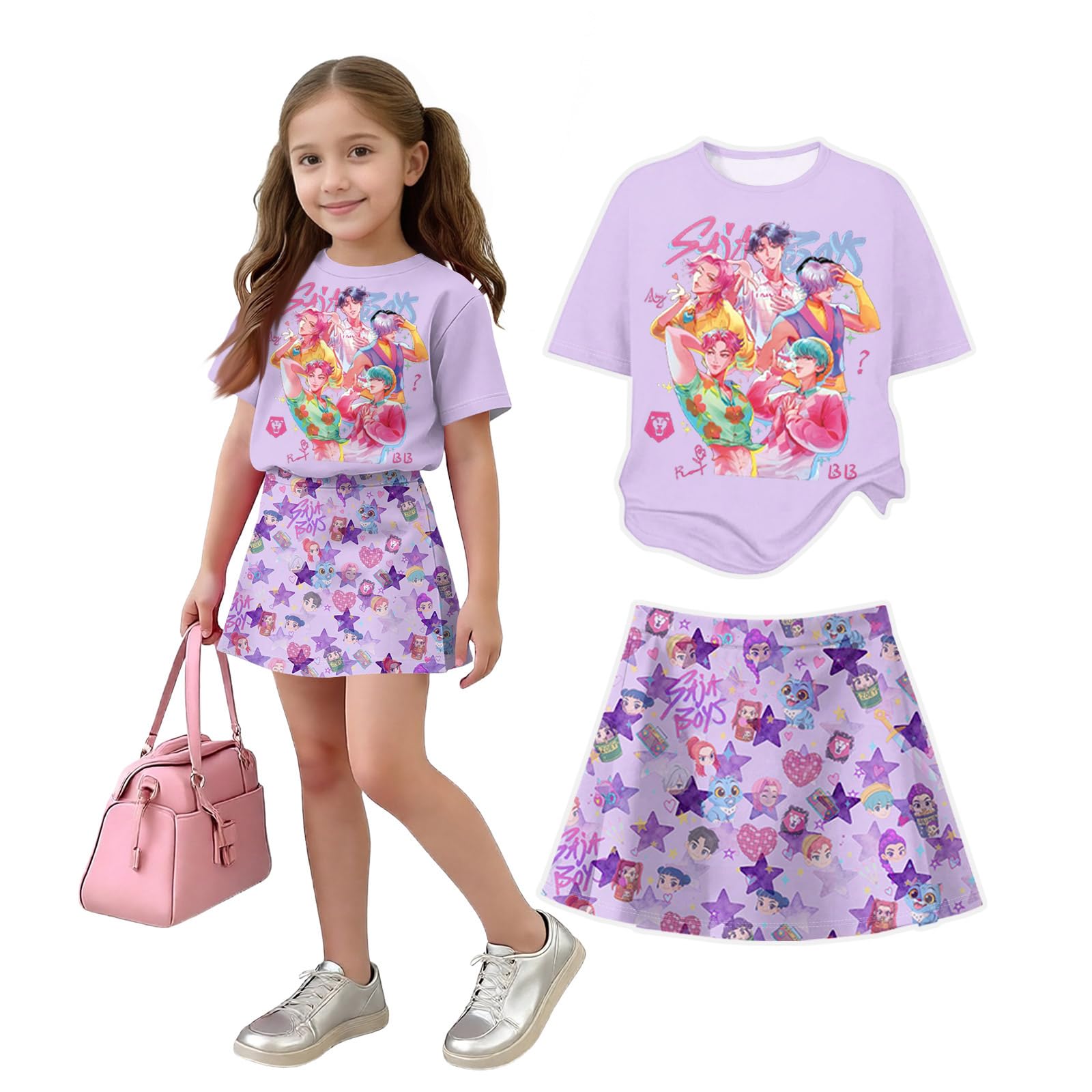 K Pop Short Sleeve T-Shirt and Skirts Outfits Set for Girls Hunters Girl's Anime Graphic Tees De-Mon Summer Sets — view 37
