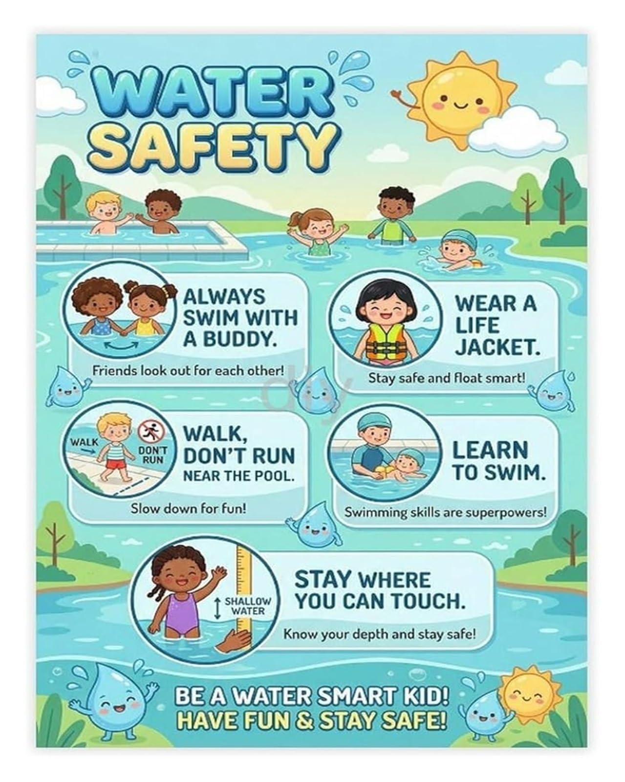 Swimming Tips Drowning Prevention Water Rules Educational Poster Wall-Art for Home Office(Unframed,08x12inch(20x30cm))