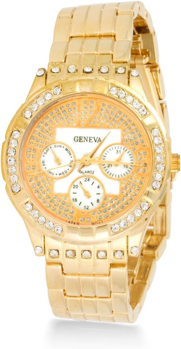 Geneva Gold Tone Luxury ICED Out Pave Floating Crystal Quartz Calendar Stainless Steel Watch. #B1747 GLD
