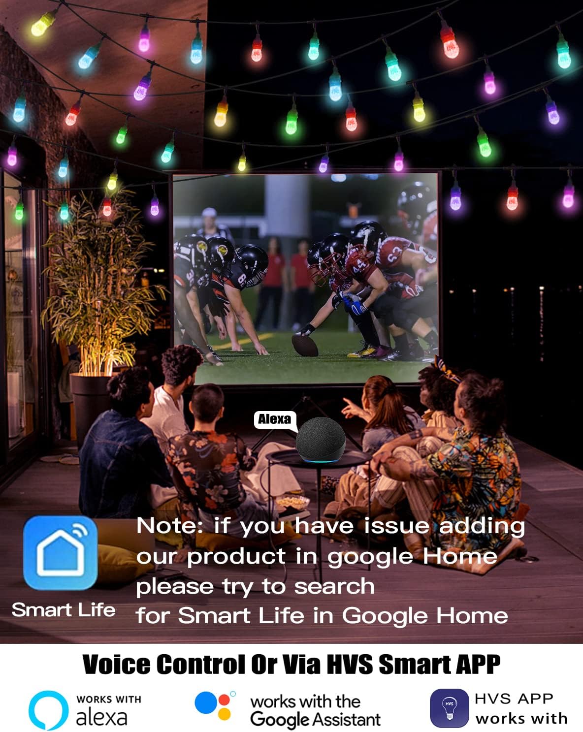 HVS Smart Outdoor String Lights LED 36Ft Color Changing RGBW Patio String Lights Infinite Connectable APP Control 2.4GHz WiFi Waterproof 18 Acrylic Work with Alexa Google for Party Outside Cafe