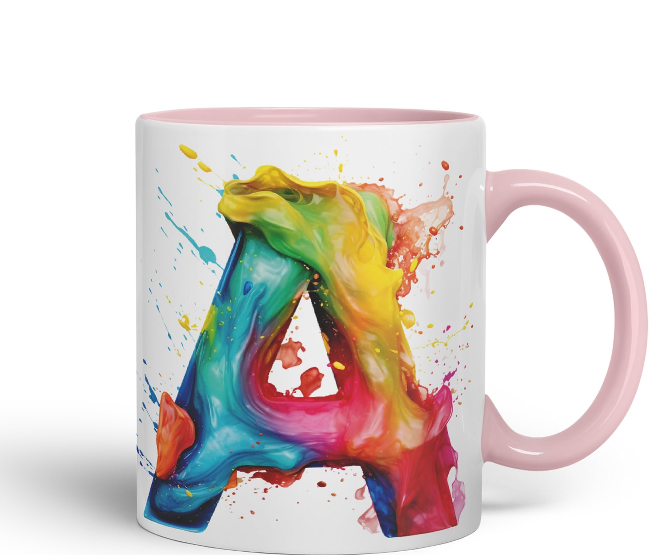 Vixar Letter A Mug, Alphabet Letter A Monogram Watercolour Ceramic Coloured Mug Cup for Tea Coffee Hot Brew 330ml 11Oz Gift (Pink)