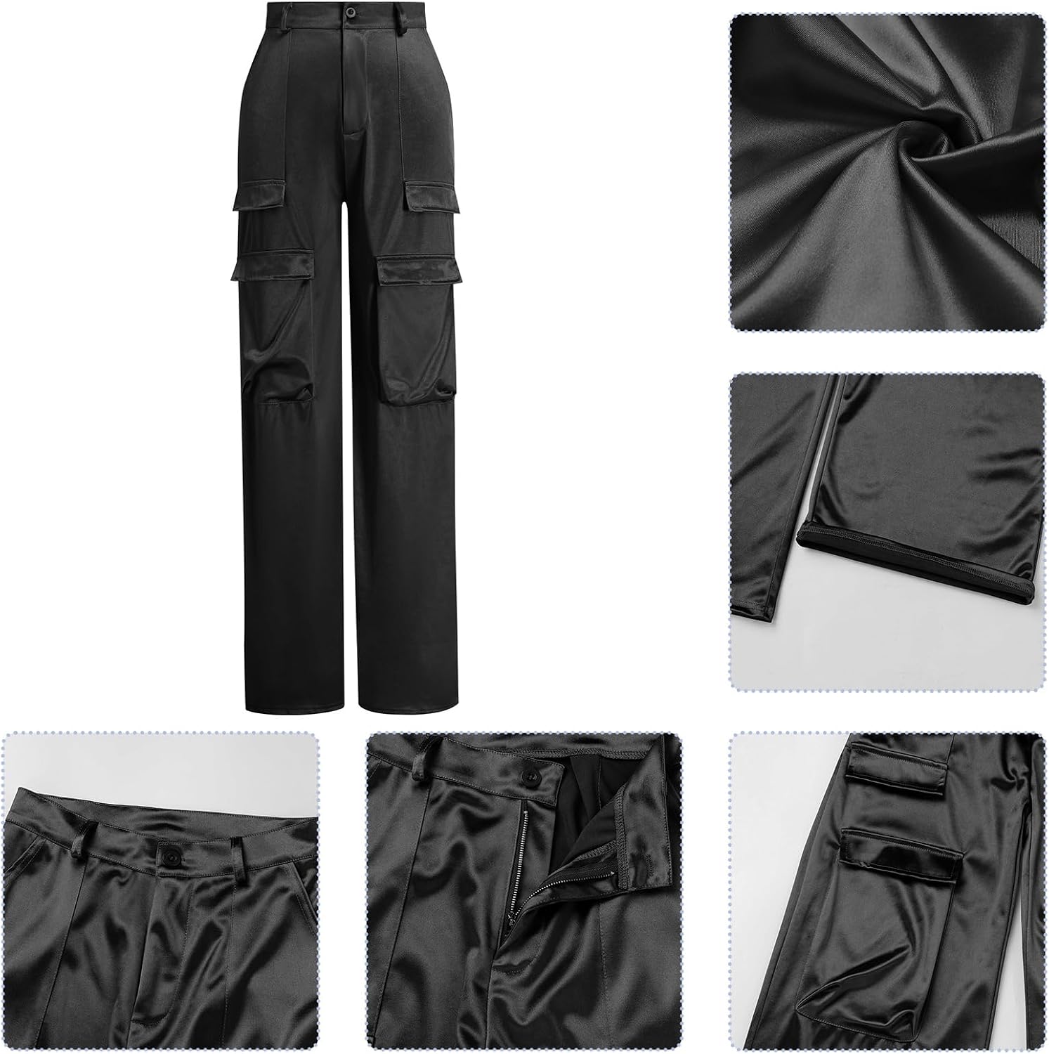 ODIZLI Satin Cargo Pants for Women High Waisted Wide Leg Trousers Multiple Pockets Y2K Streetwear Hip Hop Baggy Pants