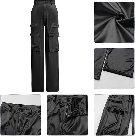 ODIZLI Satin Cargo Pants for Women High Waisted Wide Leg Trousers Multiple Pockets Y2K Streetwear Hip Hop Baggy Pants