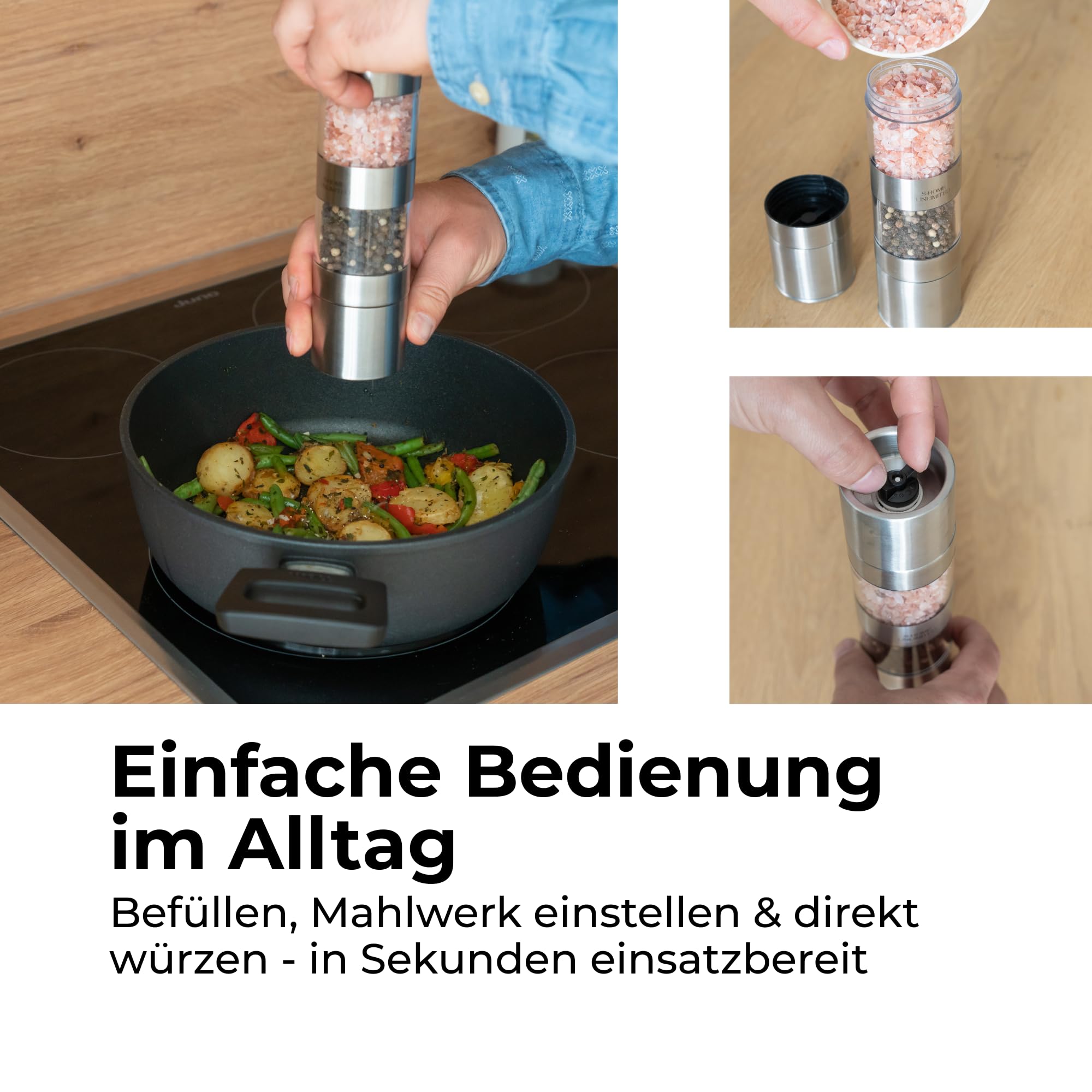 Salz- und Pfeffermühle 2in1 - Edelstahl Gewürzmühle | Mit hochwertigem Keramikmahlwerk | Stufenlos einstellbarer Mahlgrad | Ideal für Salz, Pfeffer & Gewürze