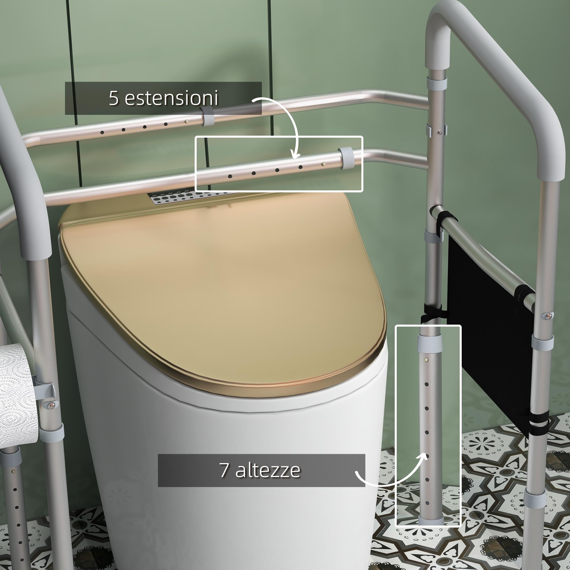 HOMCOM Supporto Water per Disabili, Sostegno con Braccioli per WC Regolabile in Altezza e Larghezza, 2 Piedini a Ventosa e Tasca Laterale