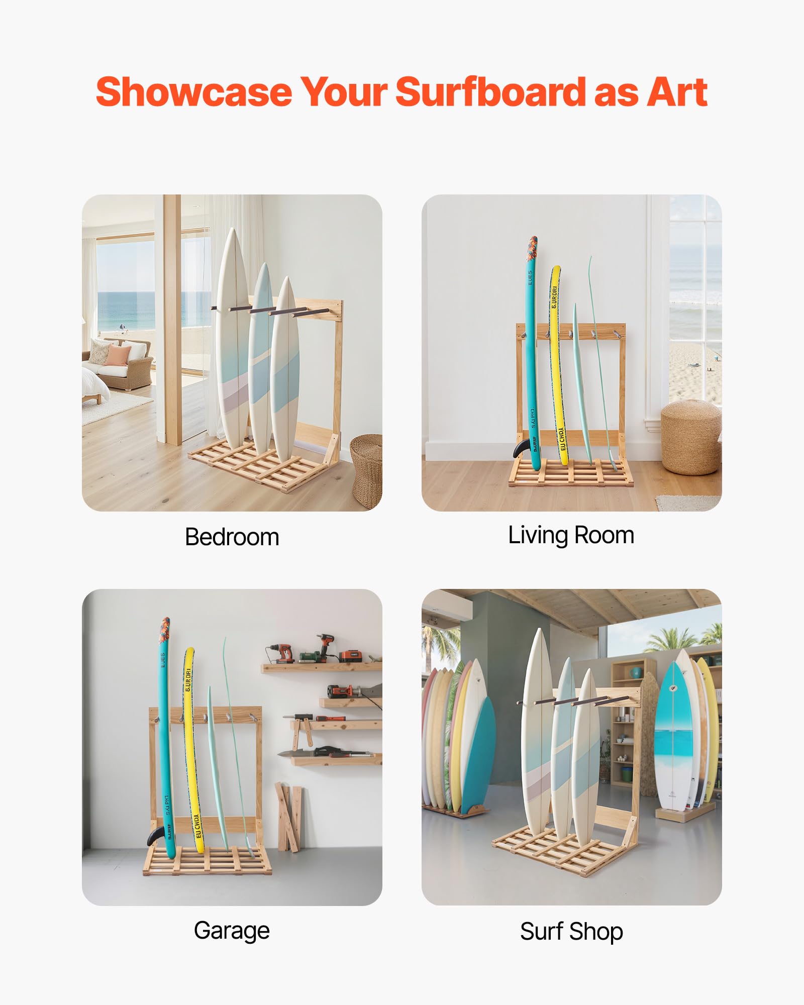 VEVOR Soporte Vertical para Tablas de Surf, Estante de Madera de 4 Niveles para Almacenamiento y Exhibición