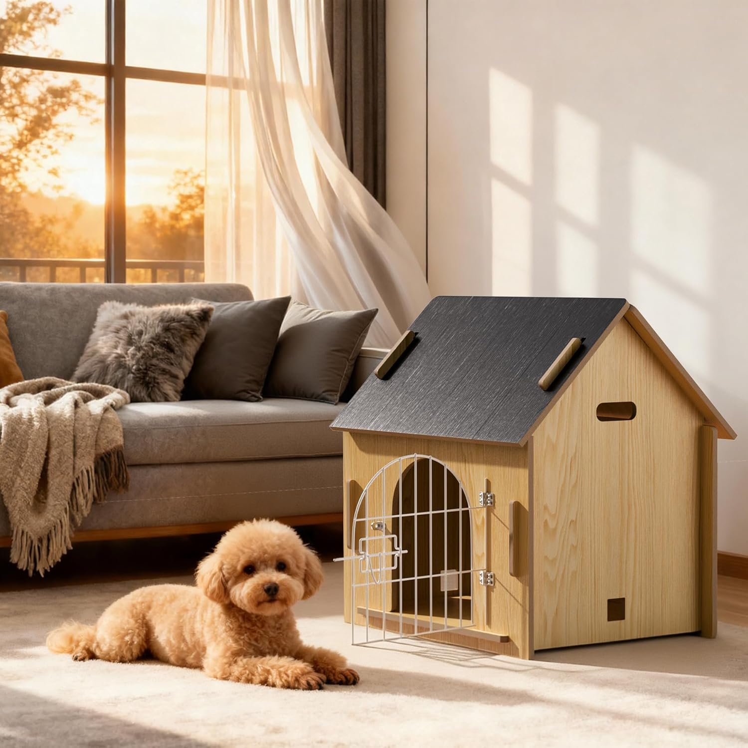 Indoor Dog House, Cozy Wooden Design with Ventilation and Raised Base, Small Bed House with Door Lock Suitable for Small Dogs or Cats, Gray, 20"x 15.75"x 20.5"