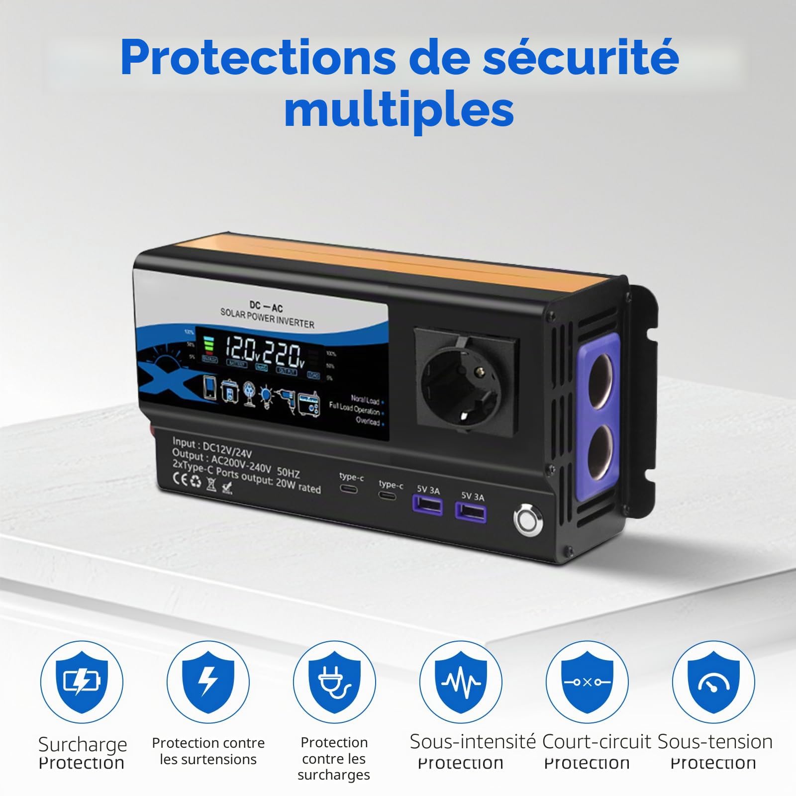 Convertisseur 12V/24V 220V 1200W, Onduleur de Voiture avec 2 Prises AC, 2X USB & 2X Type-C, Allume-Cigare et Affichage LED, pour Camping-Car Camping