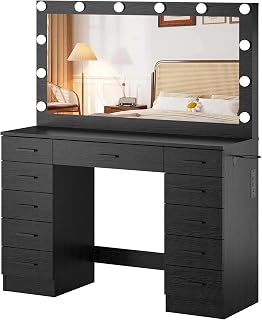 Vanity Desk Set Large Mirror and Lights, Makeup Table with 11 Drawers, Power Outlet, Storage Cushioned Stool, 3 Lighting Modes, Dressing Table for Bedroom Dressing Room (Black)