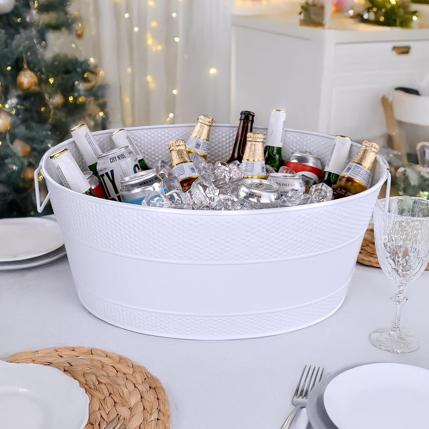 BREKX White Galvanized Beverage Tub for Parties, Metal Ice and Drink Bucket Beverage Tub, Large Drink Cooler for Parties Large 15-Bottle Wine Cooler Bucket for Wedding Gift- 25QT (6 Gallon) Oval