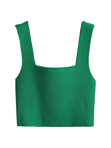 Verdusa Women's Square Neck Sleeveless Solid Ribbed Knit Crop Top Tank - Large - Green