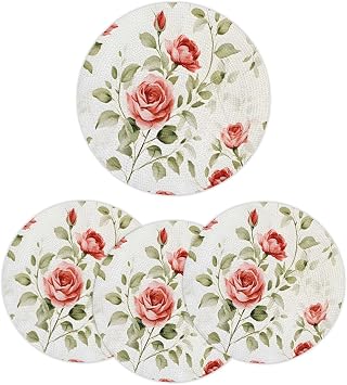 Rose Floral Round Placemats Set of 4 Washable Braided Place Mats Heat Resistant Woven Table Mats for Dining Table Kitchen 15 Inch
