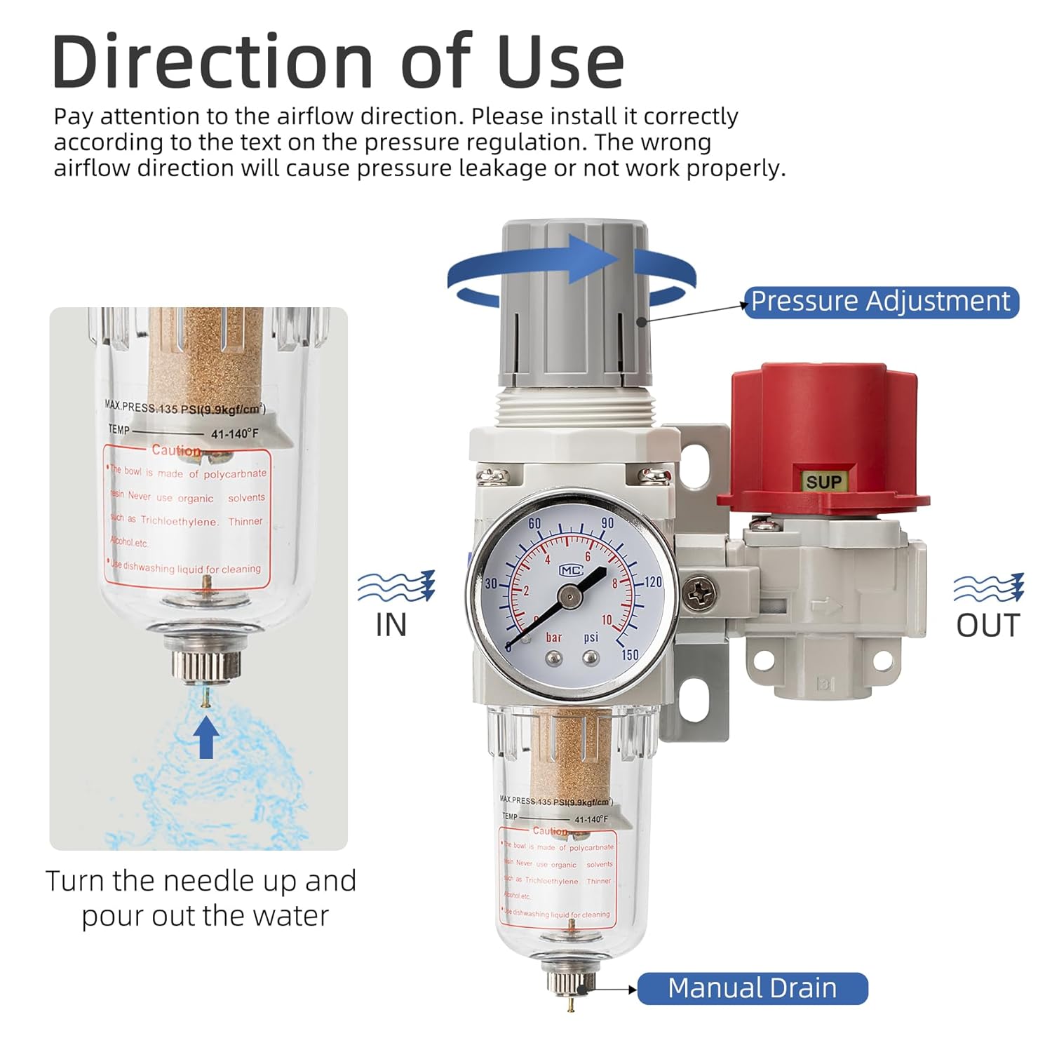 Pneumatic Air Compressor Filter Regulator Combo 1/4" NPT 0-150 PSI,Pressure relief 3 port valve,Manual Drain,5 Micron Brass Element