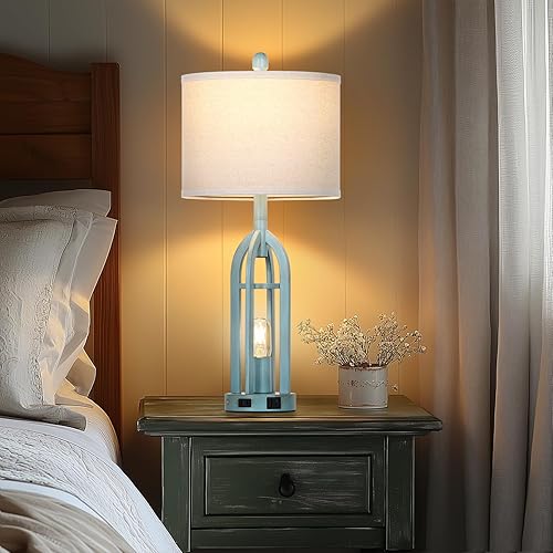 Miniatura 6 de Lámparas de mesa estilo granja de 27 pulgadas para sala de estar, juego de 2 lámparas vintage azules con puertos de carga USB A+C y salida de CA,