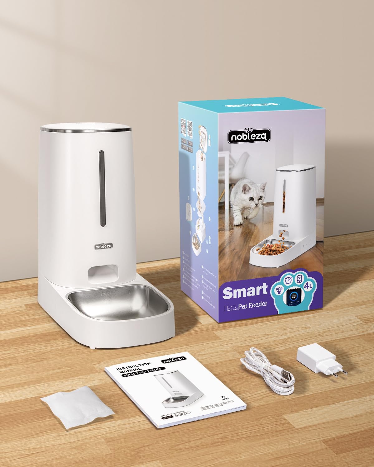 Nobleza - Distributore Automatico di Cibo per Gatti Cani, 2.4G WiFi Dispenser Crocchette Cibo Cani Automatico, 4L Dispenser Cibo Gatti con Timer, Registrazione di 10S, 1-10 Pasti al Giorno
