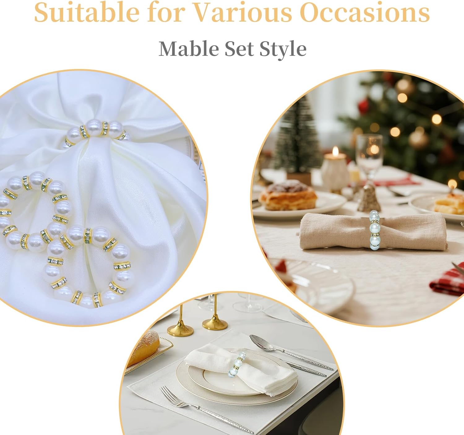 100 Pcs Gold Disposable Napkin Rings, Delicate Pearl Napkin Ring Holder, White & Golden Beaded Serviette Buckles for Formal Wedding Dinner Home Decor Party Supplies