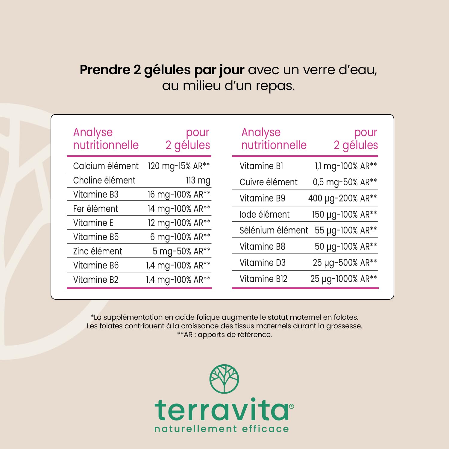 PRÉ-CONCEPTION ET GROSSESSE | Formule Complète avec Acide Folique Quatrefolic® + Choline Vitacholine™ + Vitamines et Minéraux | 90 Gélules | Made in France | Terravita