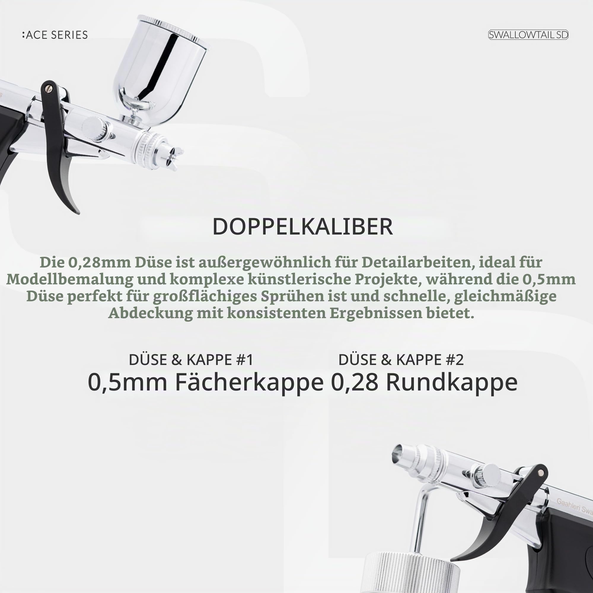 Gaahleri Airbrush Ace Series GHAC-Swallowtail Side Airbrush, Seitenzufuhr & Saugzufuhr, Side feed & siphon feed, 0.28mm & 0.5mm Düsenset mit Fan Cap, für Modellbau Farbgestaltung Kunstmalerei