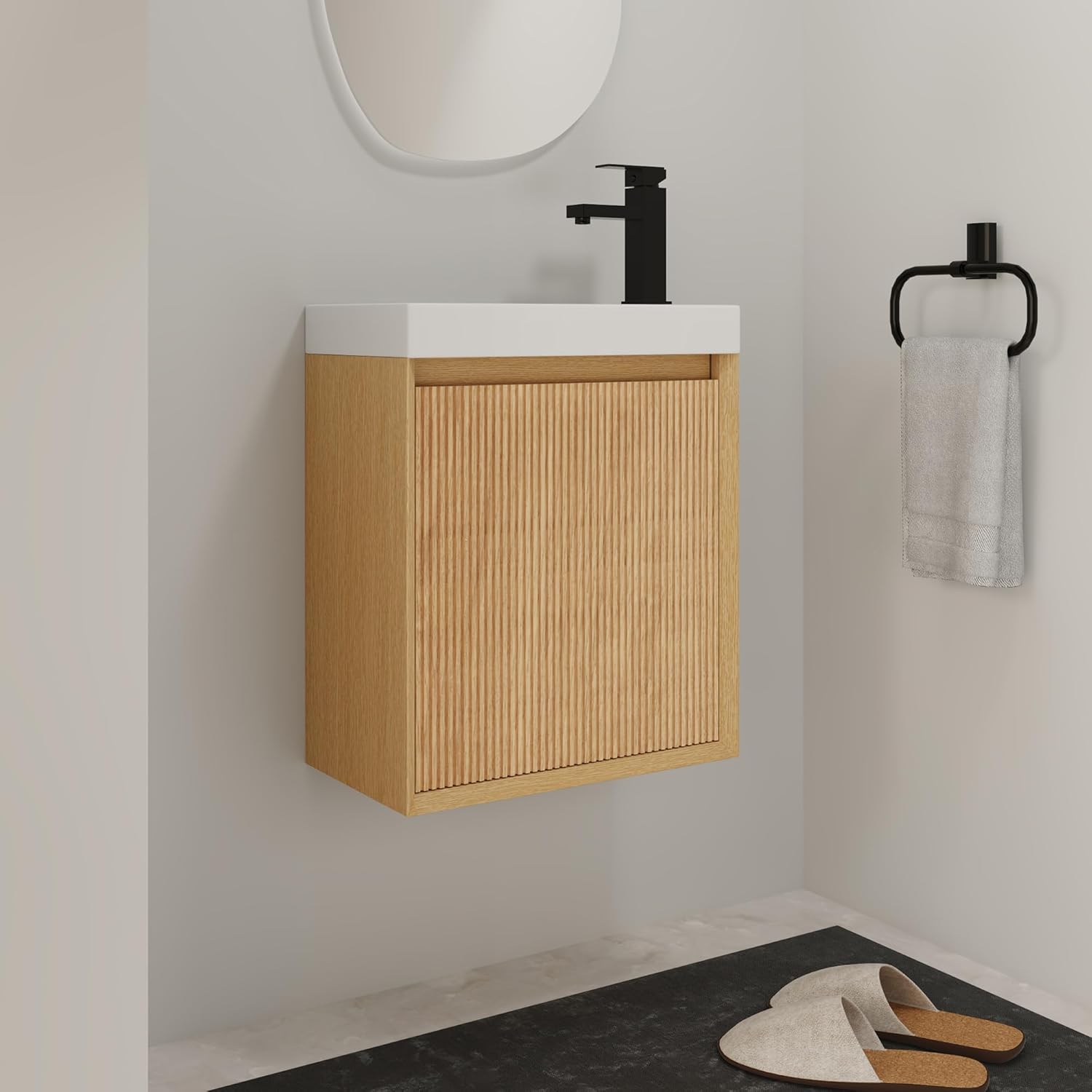 18 inch Bathroom Vanity with Sink Combo, Wall Mounted Bathroom Cabinet with Resin Basin Top & Fluted Soft Closed Door, Modern Floating Bathroom Vanity for Small Space, Natural