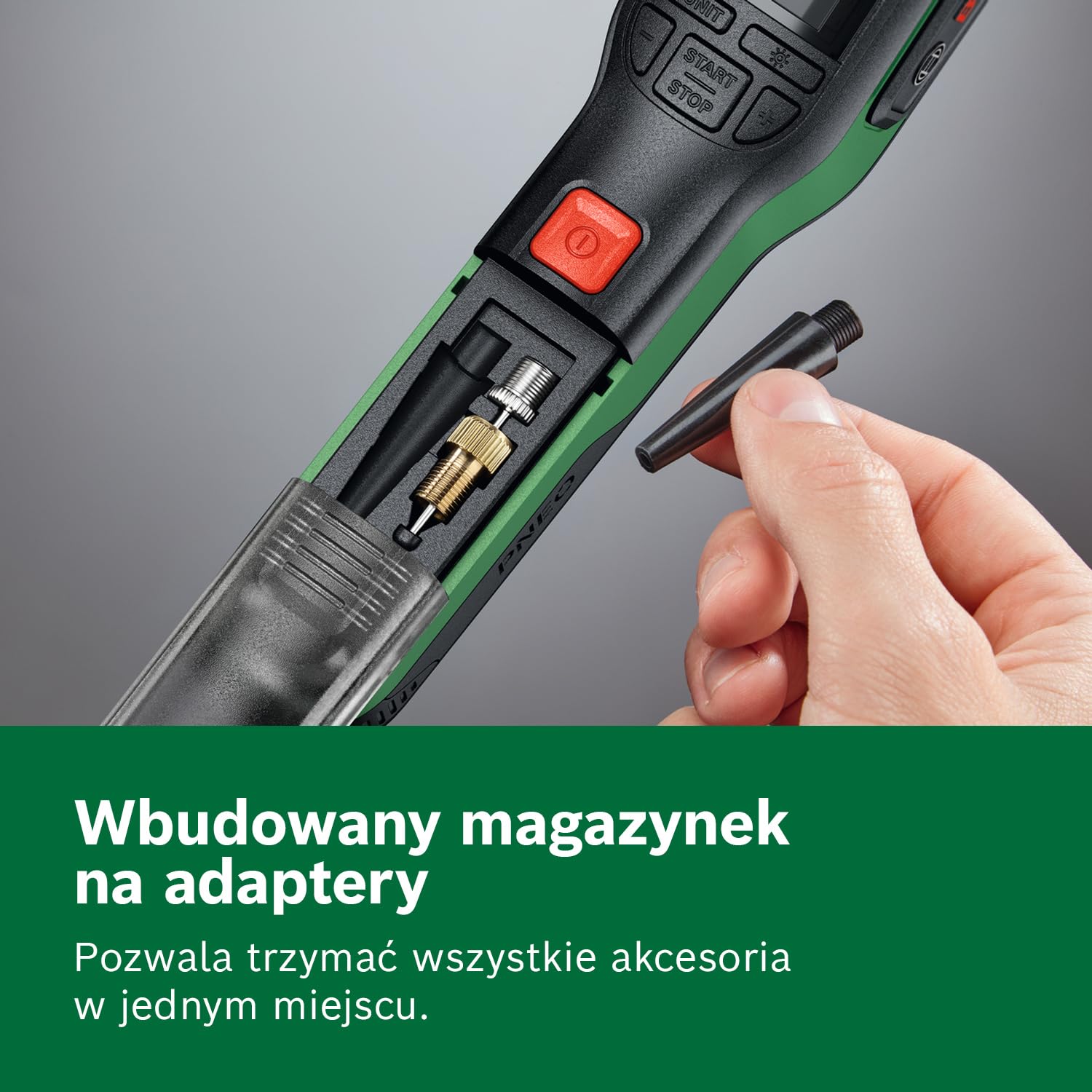 Bosch PNEO Akumulatorowa pompka pneumatyczna (z zestawem adapterów ciśnieniowych, akumulatorem 4V i torbą rowerową)
