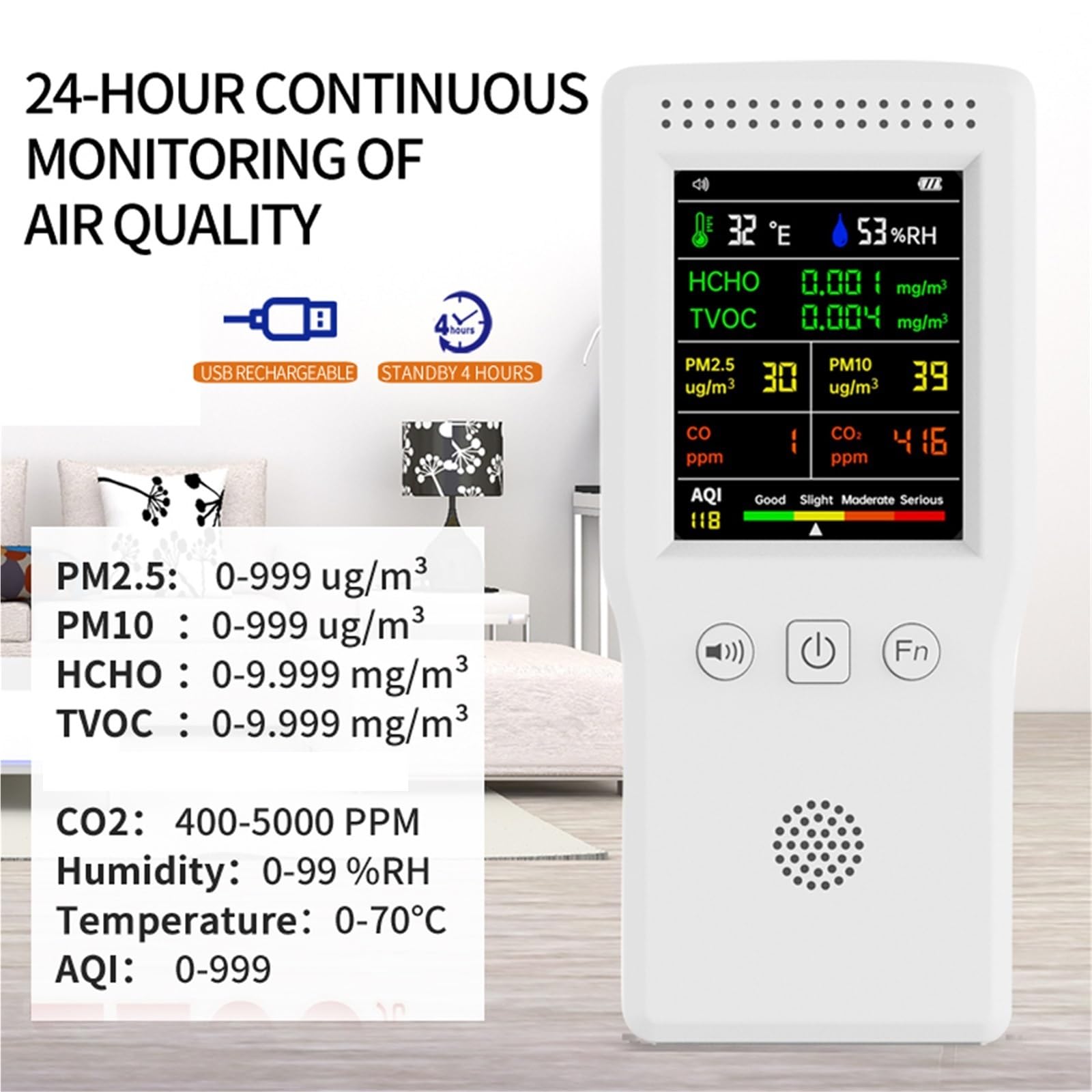 Contador partículas polvo, Monitor Digital LCD Con Detector De Calidad Del Aire 9 En 1 para interiores exteriores | PM2.5, PM10, HCHO, TVOC, CO2, AQI, Temperatura, Humedad