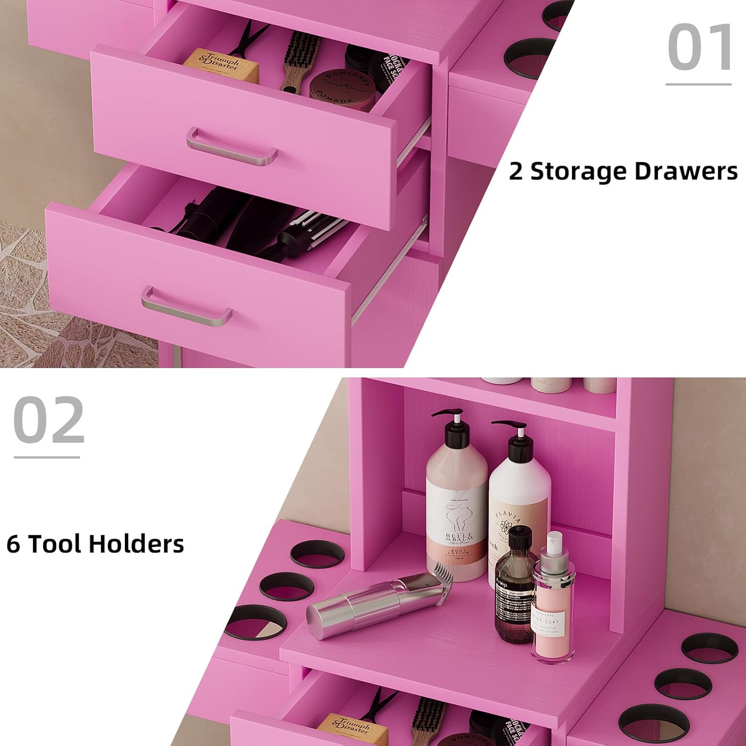 Close-up image of the two storage drawers and six tool holders on the salon station